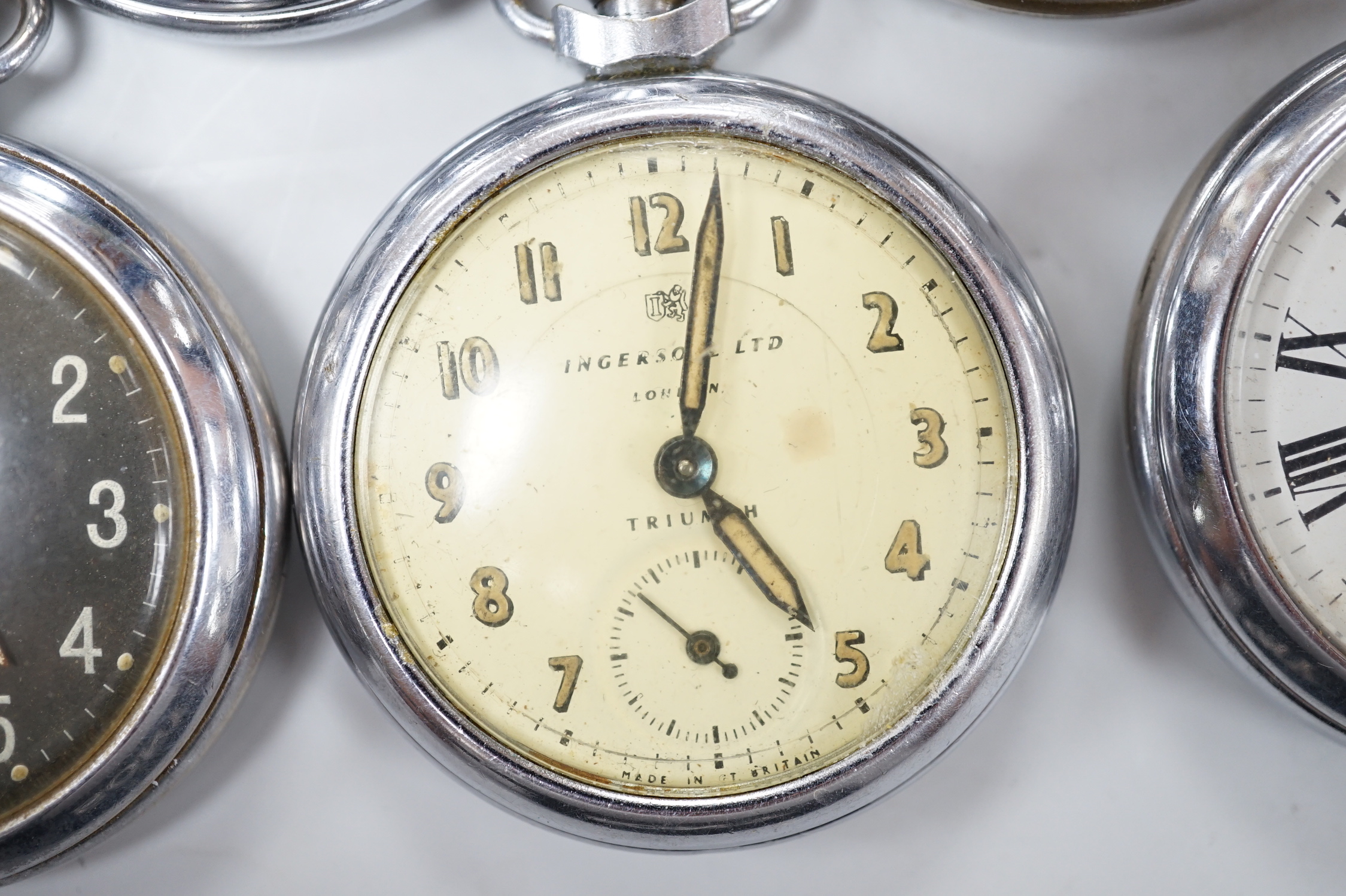 Ten assorted base metal pocket watches including Ingersoll, Services Excel and Smiths.